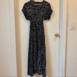 New Look Black Satin Spot Pleated Midi Dress